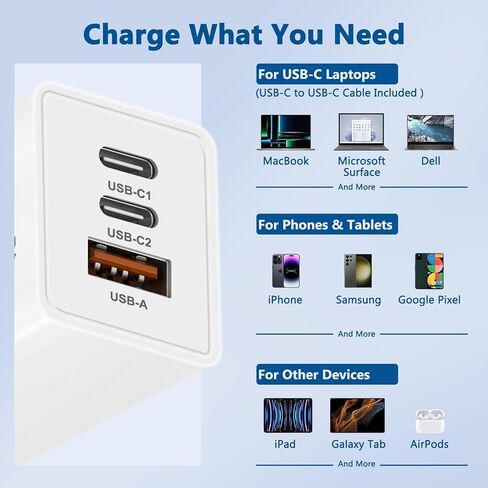 شاحن حائط USB C بقدرة 65 وات، محول طاقة GaN 3 منافذ سريع وقابل للطي مع كابل USB-C، كتلة شاحن PD QC لأجهزة MacBook Pro/Air، iPad Pro، iPhone 15/14/Pro، Galaxy S23/S22 والمزيد (أبيض) in Kuwait