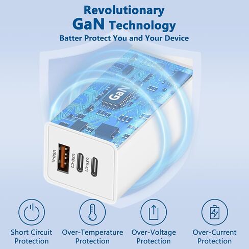 شاحن حائط USB C بقدرة 65 وات، محول طاقة GaN 3 منافذ سريع وقابل للطي مع كابل USB-C، كتلة شاحن PD QC لأجهزة MacBook Pro/Air، iPad Pro، iPhone 15/14/Pro، Galaxy S23/S22 والمزيد (أبيض) in Kuwait
