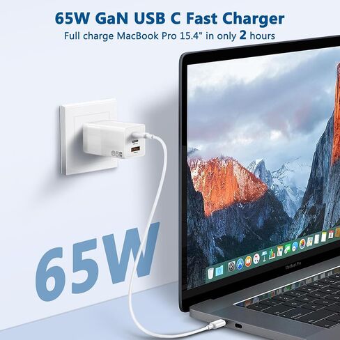 شاحن حائط USB C بقدرة 65 وات، محول طاقة GaN 3 منافذ سريع وقابل للطي مع كابل USB-C، كتلة شاحن PD QC لأجهزة MacBook Pro/Air، iPad Pro، iPhone 15/14/Pro، Galaxy S23/S22 والمزيد (أبيض) in Kuwait