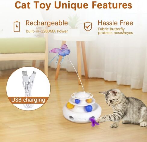 Gyuzh Interactive Cat Toy,Cat Toys 3 in 1 Automatic Interactive Kitten Toy,Interactive Cat Toys USB Rechargeable with Feather and Butterfly Balls for Cat Kitten in Kuwait