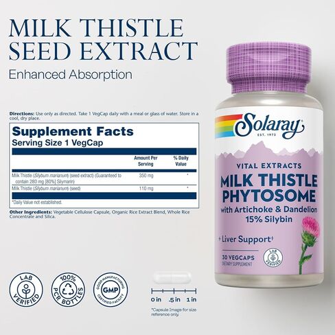 SOLARAY Milk Thistle Phytosome with Artichoke, Dandelion, and Ginger - Milk Thistle Extract Supplying 15% Silybin - Liver Supplement - 60-Day Guarantee, Lab Verified - 30 Servings, 30 VegCaps in Saudi Arabia