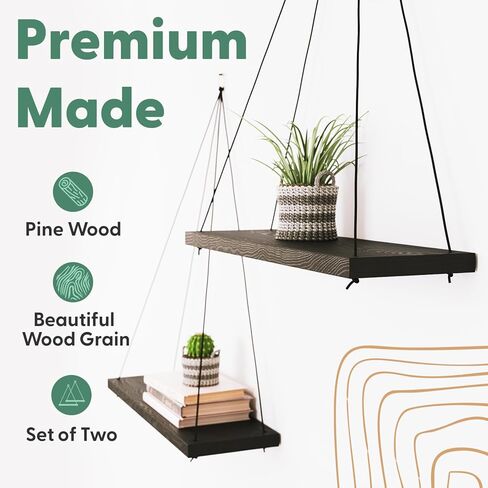 اومايسا ارفف معلقة للحائط - مجموعة من 2 رف ديكور بوهو - رف معلق مكرمية للنباتات - ارفف كتب عائمة بحبل - ارفف خشبية صغيرة لغرفة النوم والحمام وغرفة المعيشة - اسود in Kuwait