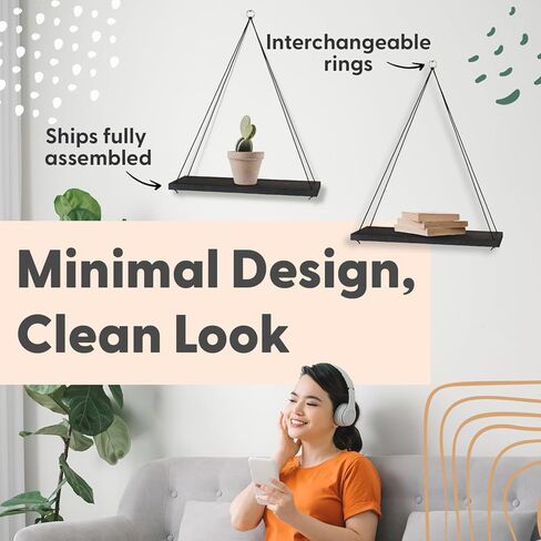 اومايسا ارفف معلقة للحائط - مجموعة من 2 رف ديكور بوهو - رف معلق مكرمية للنباتات - ارفف كتب عائمة بحبل - ارفف خشبية صغيرة لغرفة النوم والحمام وغرفة المعيشة - اسود in Kuwait