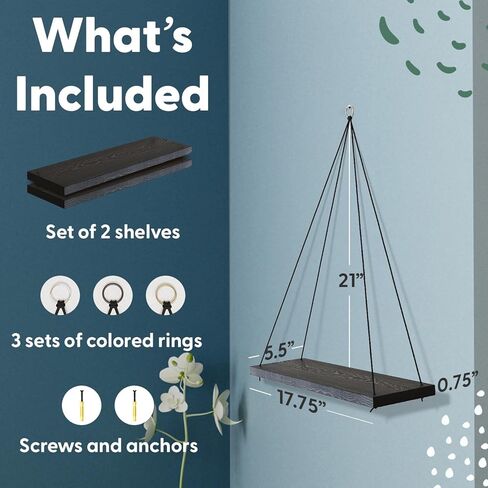اومايسا ارفف معلقة للحائط - مجموعة من 2 رف ديكور بوهو - رف معلق مكرمية للنباتات - ارفف كتب عائمة بحبل - ارفف خشبية صغيرة لغرفة النوم والحمام وغرفة المعيشة - اسود in Kuwait