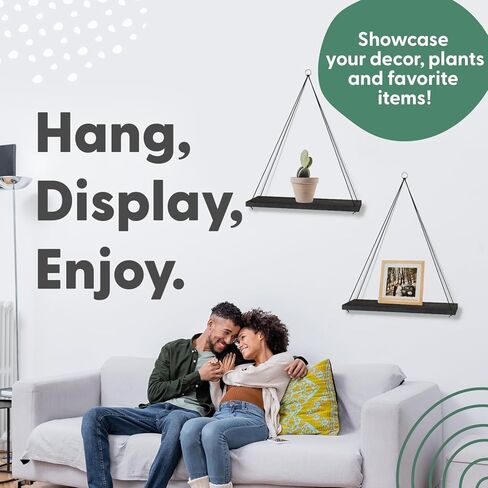 اومايسا ارفف معلقة للحائط - مجموعة من 2 رف ديكور بوهو - رف معلق مكرمية للنباتات - ارفف كتب عائمة بحبل - ارفف خشبية صغيرة لغرفة النوم والحمام وغرفة المعيشة - اسود in Kuwait