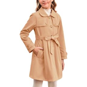 Haloumoning Girls Single Breasted Trench Coat Kids Lapel Long Sleeve Tie Belt Outerwear with Pockets