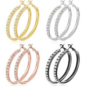 Cocadant 3-4 Pairs Cubic zirconia Big Hoop Earrings 18K Gold Plated Rose Gold Black Plated Silver Hypoallergenic Hoops for Women Girls
