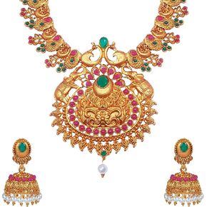 Shining Jewel - By Shivansh Bodha Tradtional Indian Handcrafted Antique Gold Plated Temple Jewellery Combo Bridal Dulhan Necklace Set With Matching Earring & Pearls For Women (SJ_2925) in Saudi Arabia