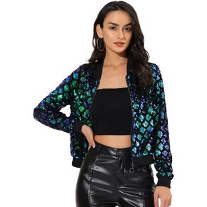 Allegra K Women's Sequin Long Sleeve Zipper Up Halloween Glitter Bomber Jacket