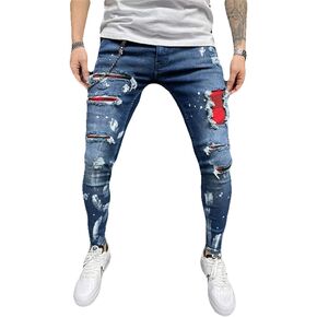 WEIBUMAOYI Men's Straight Slim Fit Elastic Ripped Distressed Stretchy Skinny Jeans with Patches Tapered Leg Pants