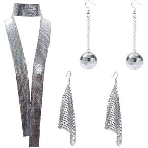 لومادو وشاح لامع لامع لامع لامع وعصري أقراط متدلية وكره ديسكو للبنات، فضي، مقاس واحد in Kuwait