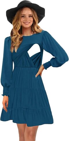 فستان رضاعة نسائي قصير من CzzzyL برقبة دائرية وخصر مرن متدرج وطبقات للرضاعة الطبيعية in Kuwait