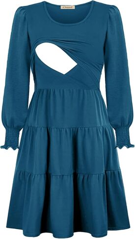 فستان رضاعة نسائي قصير من CzzzyL برقبة دائرية وخصر مرن متدرج وطبقات للرضاعة الطبيعية in Kuwait