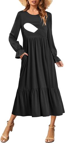 CzzzyL المرأة التمريض طويلة الأكمام طاقم الرقبة الخريف اللباس الأمومة فلوي ماكسي فساتين طبقات فستان كوكتيل مع جيوب in Kuwait