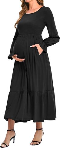 CzzzyL المرأة التمريض طويلة الأكمام طاقم الرقبة الخريف اللباس الأمومة فلوي ماكسي فساتين طبقات فستان كوكتيل مع جيوب in Kuwait