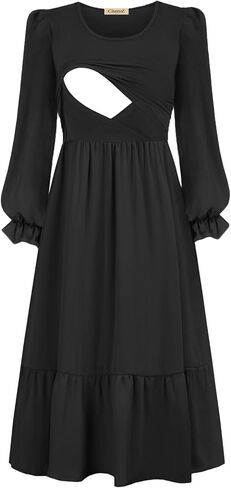 CzzzyL المرأة التمريض طويلة الأكمام طاقم الرقبة الخريف اللباس الأمومة فلوي ماكسي فساتين طبقات فستان كوكتيل مع جيوب in Kuwait