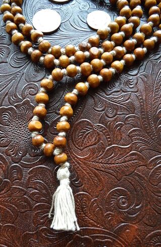 IS4A 8MM TULSI HOLY BASIL PRAYER BEADS JAPA MALA NECKLACE HAND KNOTTED. KARMA (108+1) BEADS. BLESSED & ENERGIZED HINDU TIBETAN BUDDHIST SUBHA ROSARY in Saudi Arabia