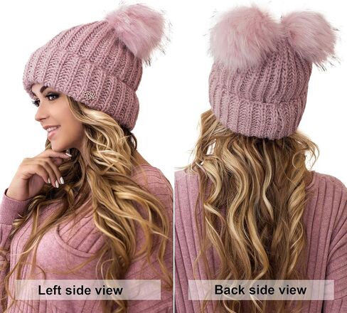 Braxton Beanie Women - 2 Pom Ears Cable Knit Winter Warm Fleece Hat - Wool Snow Outdoor Ski Cap in Saudi Arabia