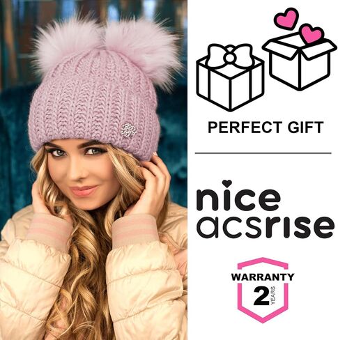 Braxton Beanie Women - 2 Pom Ears Cable Knit Winter Warm Fleece Hat - Wool Snow Outdoor Ski Cap in Saudi Arabia