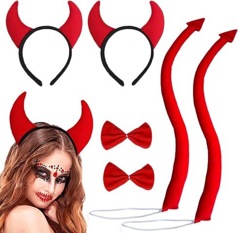 عصابة رأس قرون الشيطان وذيل الشيطان الأحمر ربطة عنق الشيطان إكسسوارات زي للنساء والفتيات لحفلات الهالوين الشيطان الشيطان التنكرية in Kuwait