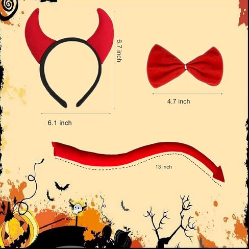 عصابة رأس قرون الشيطان وذيل الشيطان الأحمر ربطة عنق الشيطان إكسسوارات زي للنساء والفتيات لحفلات الهالوين الشيطان الشيطان التنكرية in Kuwait