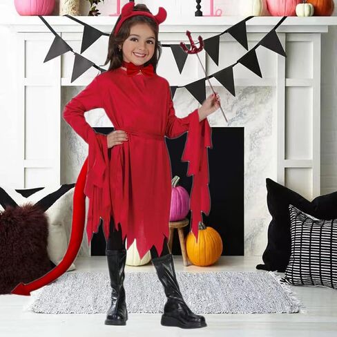 عصابة رأس قرون الشيطان وذيل الشيطان الأحمر ربطة عنق الشيطان إكسسوارات زي للنساء والفتيات لحفلات الهالوين الشيطان الشيطان التنكرية in Kuwait