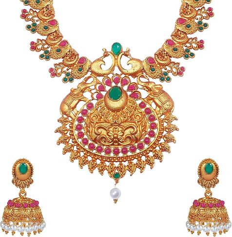 Shining Jewel - By Shivansh Bodha Tradtional Indian Handcrafted Antique Gold Plated Temple Jewellery Combo Bridal Dulhan Necklace Set With Matching Earring & Pearls For Women (SJ_2925) in Saudi Arabia