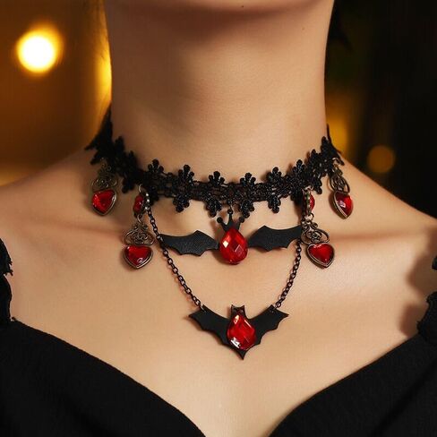 Unique Charm! Stylish Halloween Gothic Vampire Necklace and Double-Layered Veil Costume Set for Girls or Women in Kuwait