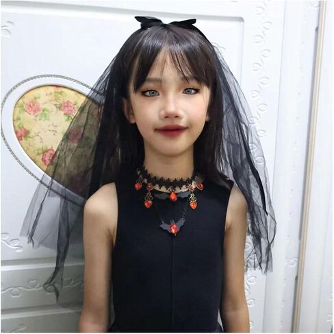 Unique Charm! Stylish Halloween Gothic Vampire Necklace and Double-Layered Veil Costume Set for Girls or Women in Kuwait
