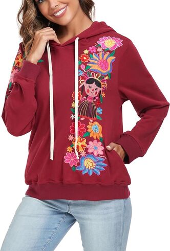 YZXDORWJ Women's Mexican Hoodies Embroidered Fall Jacket Floral Pullover Traditional Casual Sweatshirts in Saudi Arabia
