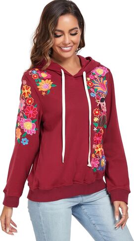 YZXDORWJ Women's Mexican Hoodies Embroidered Fall Jacket Floral Pullover Traditional Casual Sweatshirts in Saudi Arabia