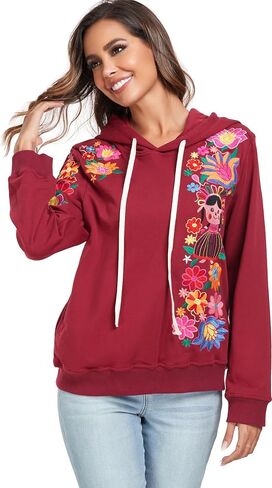 YZXDORWJ Women's Mexican Hoodies Embroidered Fall Jacket Floral Pullover Traditional Casual Sweatshirts in Saudi Arabia