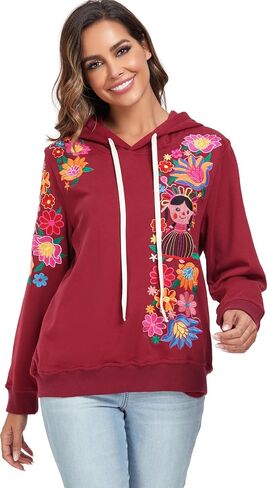 YZXDORWJ Women's Mexican Hoodies Embroidered Fall Jacket Floral Pullover Traditional Casual Sweatshirts in Saudi Arabia