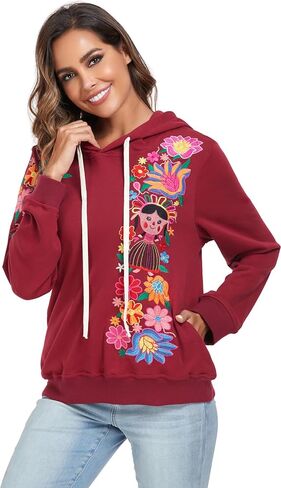 YZXDORWJ Women's Mexican Hoodies Embroidered Fall Jacket Floral Pullover Traditional Casual Sweatshirts in Saudi Arabia