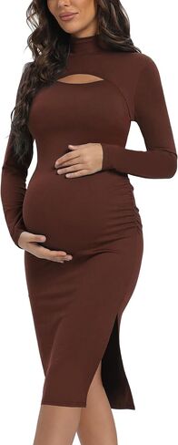 Long Sleeve Turtleneck Maternity Bodycon Dress, Split Chic Pregnancy Dress for Casual Wear, Baby Shower, Photoshoot in Kuwait