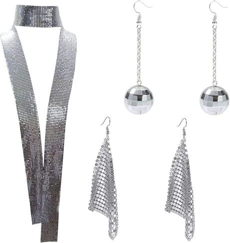 لومادو وشاح لامع لامع لامع لامع وعصري أقراط متدلية وكره ديسكو للبنات، فضي، مقاس واحد in Kuwait