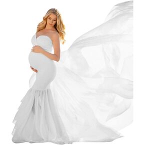 المرأة قبالة الكتف حمالة متعب حورية البحر فستان الأمومة أنيقة جاهزة ثوب الشيفون لالتقاط الصور الفوتوغرافية طفل دش in Kuwait