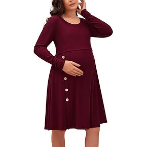 فستان حمل نسائي من DEBELLY للرضاعة الطبيعية بأكمام طويلة ورقبة دائرية ناعمة مضلعة فستان رضاعة بطول الركبة فساتين ماما in Kuwait