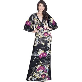 KOH KOH Womens Long 3/4 Kimono Sleeve V Neck Boho Print Flowy Maxi Dress in Kuwait