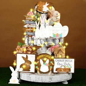 Easter Tiered Tray Decor Happy Easter Tiered Tray Ornament Rustic Farmhouse Spring Decor Bunny Truck Gnome Egg Easter Decor Spring Wooden Sign for Home Table Decor (Chic Style)