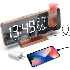Hanaix Projection Alarm Clock for Bedrooms Ceiling, Alarm Clock Radio with USB Charger Port, Temperature & Humidity Display, 7.3" Large LED Display,12/24H,Snooze,Dual Loud Alarm Clock- 4 Dimmer