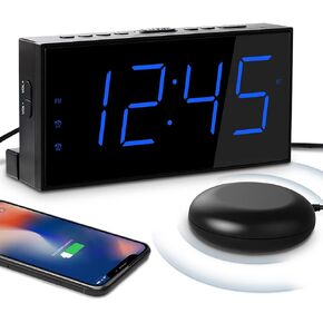 ساعة منبه عالية للنوم الثقيل، ساعة منبه تهتز لضعاف السمع، ساعة منبه مزعجة، منفذ USB، منبه مزدوج مع قيلولة بعد الظهر، شاشة LED كبيرة قابلة للتعتيم مقاس 7 بوصات، بطارية احتياطية، سهلة الاستخدام، التوقيت الصيفي