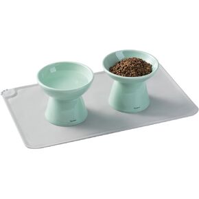 Seyatoo 2 Elevated Cat Food Bowl with Silicone Cat Mat, Raised Cat Bowls for Cat Small Dog Food and Water Bowl, Wide Whisker Friendly Cat Dish, Green