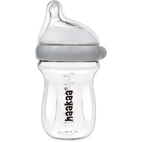 haakaa Gen.3 Natural Glass Baby Bottle 11oz - Wide Neck Anti-Colic Variable Flow Nipple,Easy to Clean & Latch for Newborn 0m+ 6m+ Breastfed Baby Toddler,BPA-Free - Grey