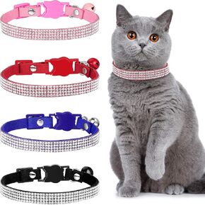 Weewooday 4 Pieces Rhinestones Cat Collars Breakaway Cat Collar with Bell Bling Pet Collars with Soft Velvet, 4 Colors (Gold, Red, Pink, Black,XS)