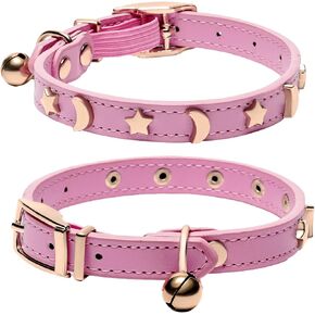 DAIHAQIKO Leather Cat Collars, Non Breakaway Cat Collar with Bell and Safety Elastic Belt, Star and Moon Cat Collar or Boy Girl Cats