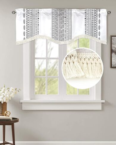 Black White Valance Boho Window Valances for Kitchen,Stripe Curtain Valance with Tassel,Scalloped Valance Rod Pocket Bathroom Window Treatment for Living Room Bedroom Ethnic Short Curtains 54x18In in Saudi Arabia