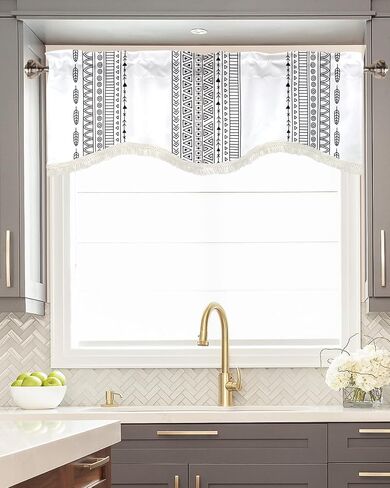 Black White Valance Boho Window Valances for Kitchen,Stripe Curtain Valance with Tassel,Scalloped Valance Rod Pocket Bathroom Window Treatment for Living Room Bedroom Ethnic Short Curtains 54x18In in Saudi Arabia