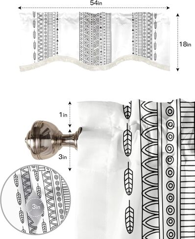Black White Valance Boho Window Valances for Kitchen,Stripe Curtain Valance with Tassel,Scalloped Valance Rod Pocket Bathroom Window Treatment for Living Room Bedroom Ethnic Short Curtains 54x18In in Saudi Arabia