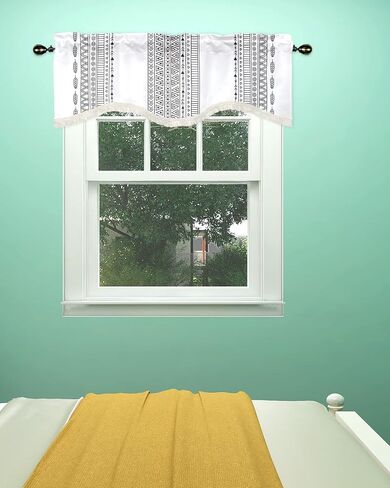Black White Valance Boho Window Valances for Kitchen,Stripe Curtain Valance with Tassel,Scalloped Valance Rod Pocket Bathroom Window Treatment for Living Room Bedroom Ethnic Short Curtains 54x18In in Saudi Arabia